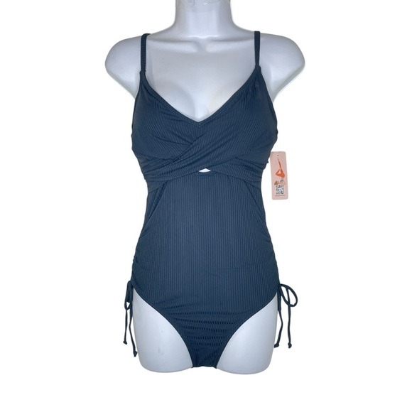 Charmo Ruched One Piece Swimsuit V Neck Monokini Bath Suit Tie Side Swimwear - Picture 2 of 12